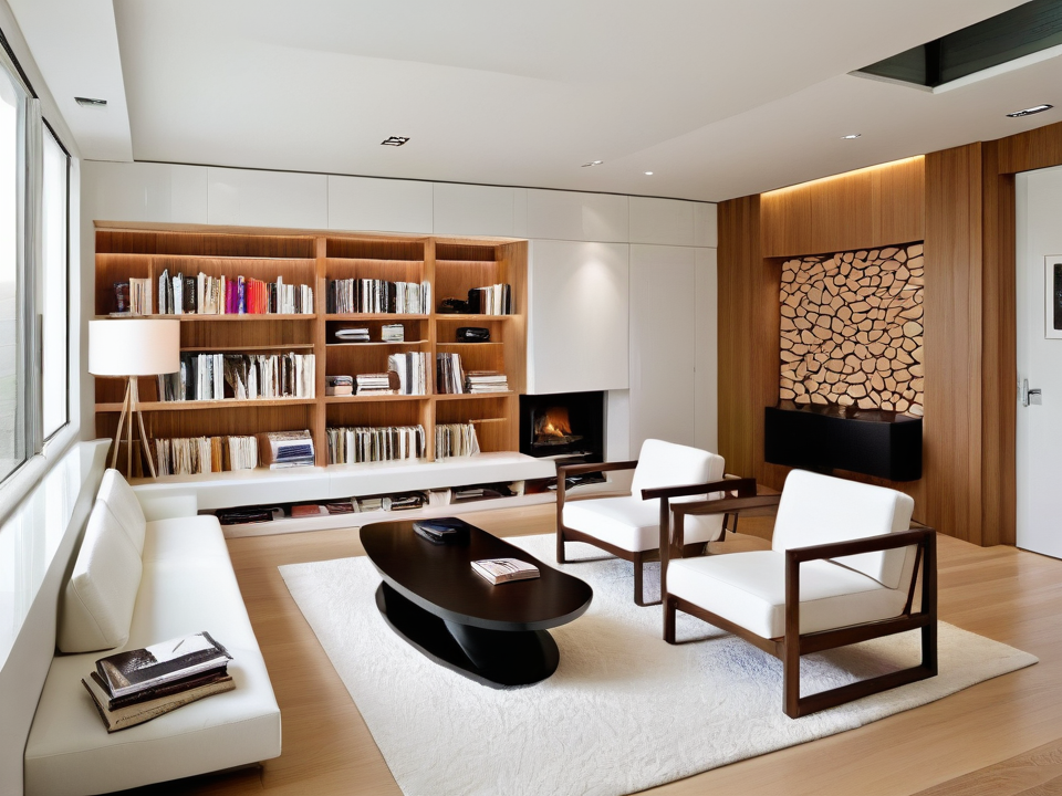 Woonkamer met boekenkast open haard en witte fauteuils