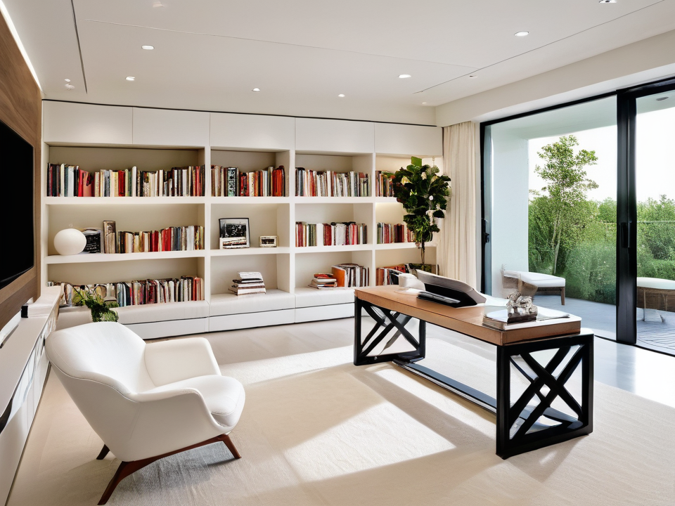 Lichte werk- en bibliotheekruimte met witte stoel en bureau