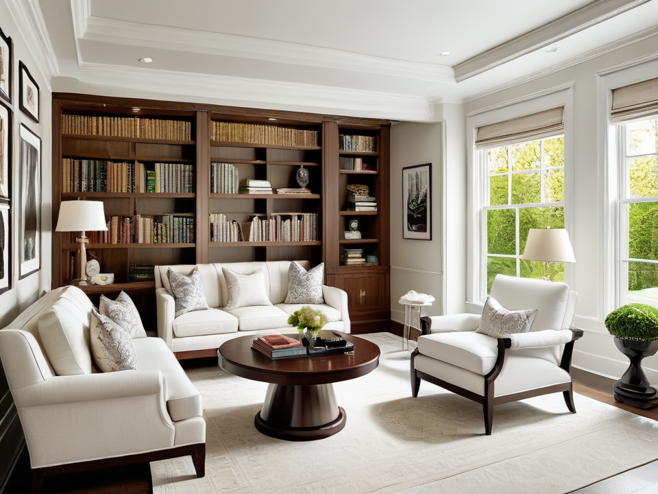 Klassieke salon met witte banken en donker houten boekenkast