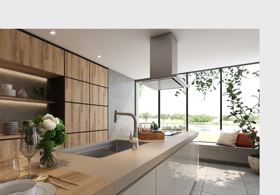 Ruime keuken in hout en beton met uitzicht op het water