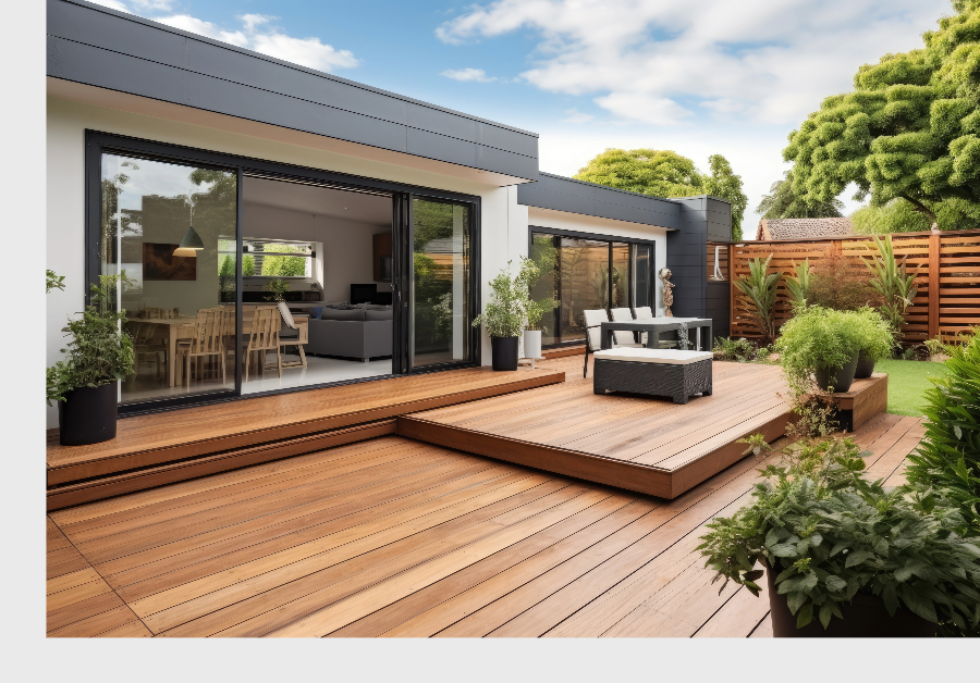 Houten terras met loungeset naast de schuifpui van de woning
