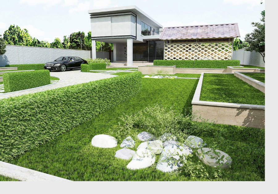 3D impressie van tuinontwerp met haagjes siergras en moderne villa